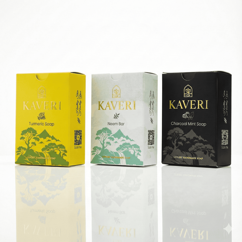 KAVERI Handmade Soap Combo – Turmeric, Neem & Charcoal Mint (3 x 110g)