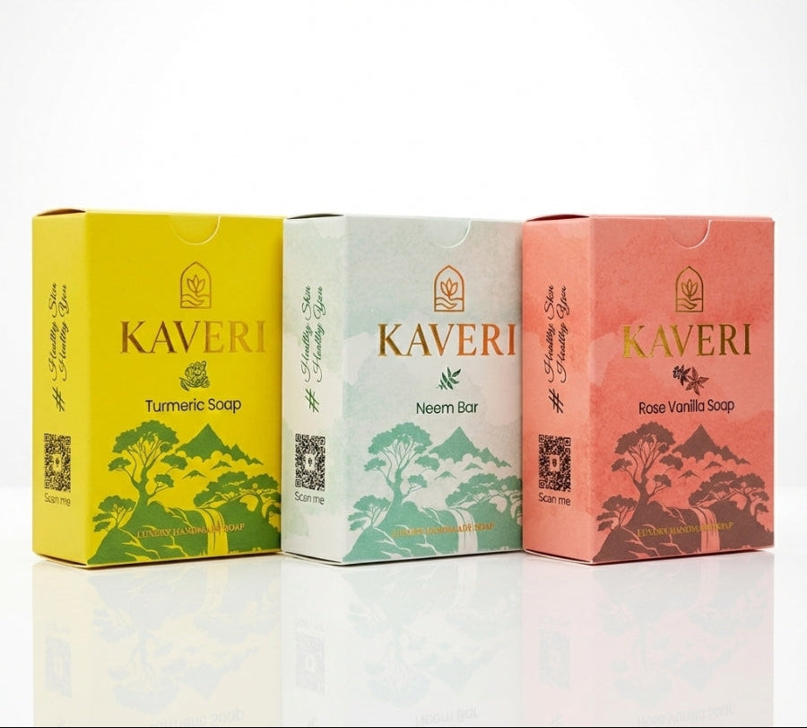 KAVERI Natural Handmade Soap Combo – Neem, Turmeric & Rose Vanilla (3 x 110g)