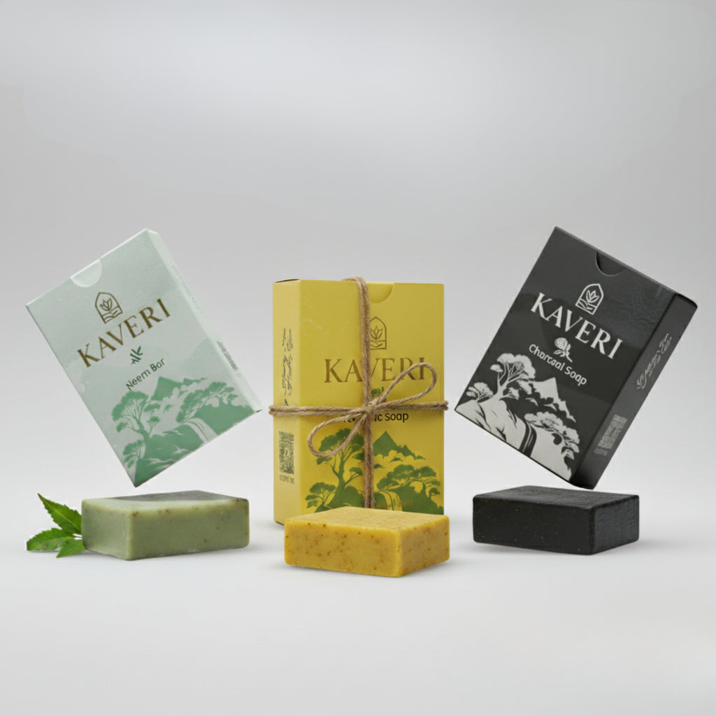 KAVERI Handmade Soap Combo – Turmeric, Neem & Charcoal Mint (3 x 100g)