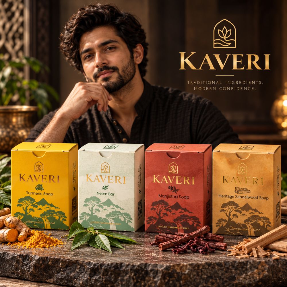 KAVERI Ayurvedic Soap Pack of 4 – Turmeric + Neem + Manjistha + Sandalwood | Luxury Handmade Soaps | ₹999 Only