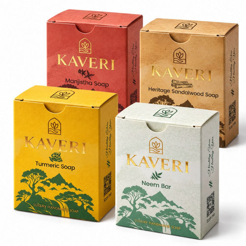 KAVERI Ayurvedic Soap Pack of 4 – Turmeric + Neem + Manjistha + Sandalwood | Luxury Handmade Soaps | ₹999 Only